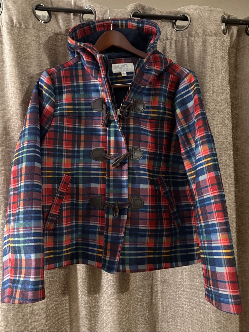 Time and Tru Red and Blue Plaid Toggle Hooded Pea Coat